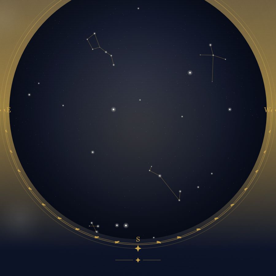 The night sky over Mexico City — a star map showing the constellations visible from 19.43°N