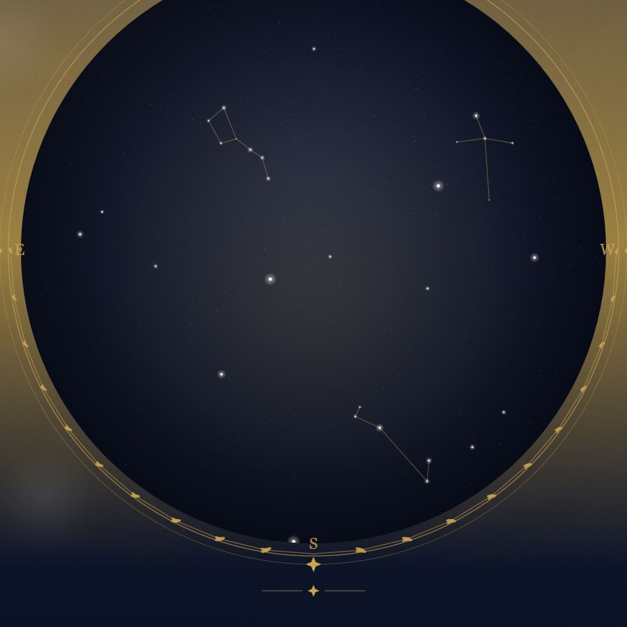 The night sky over New Delhi — a star map showing the constellations visible from 28.61°N