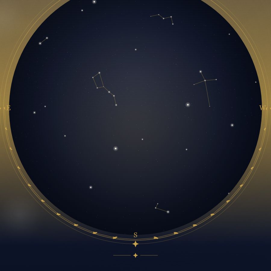 The night sky over Paris — a star map showing the constellations visible from 48.86°N
