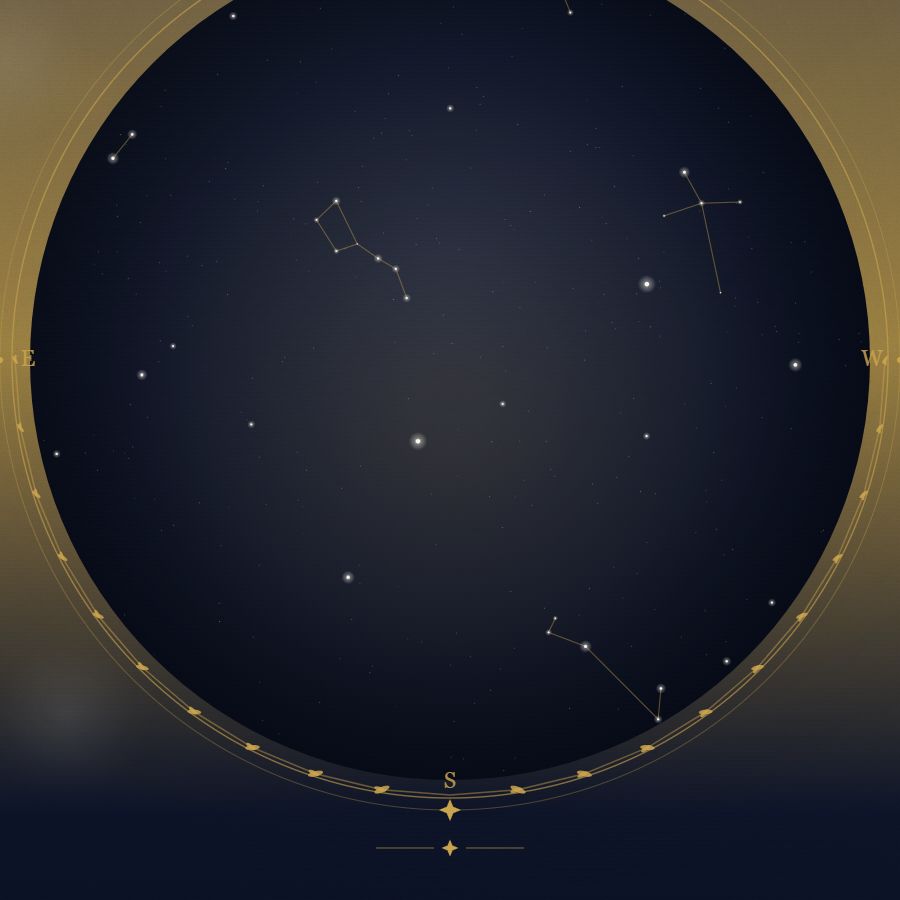 The night sky over Tunis — a star map showing the constellations visible from 36.81°N