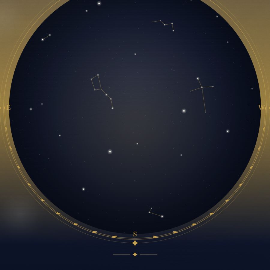 The night sky over Warsaw — a star map showing the constellations visible from 52.23°N